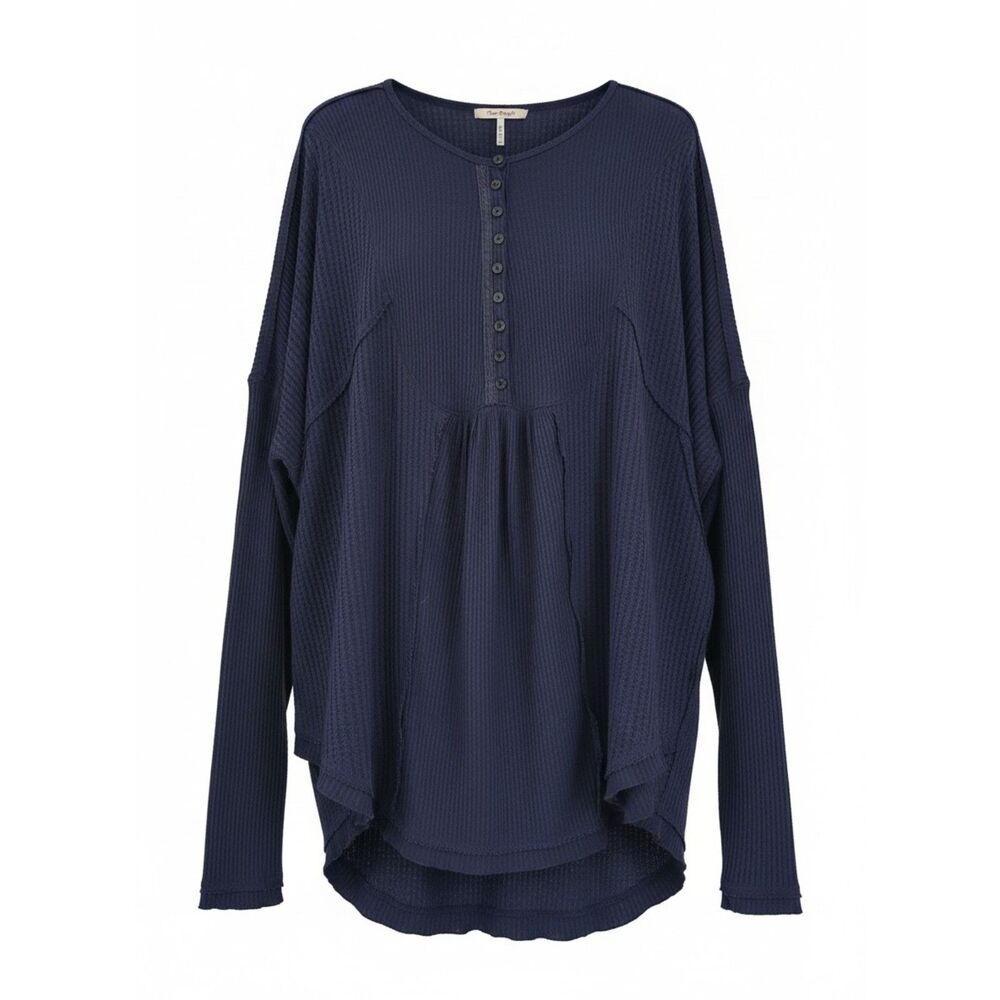Free People We The Free Oversized Waffle Henley Tunic Navy Blue Cottagecore Cozy